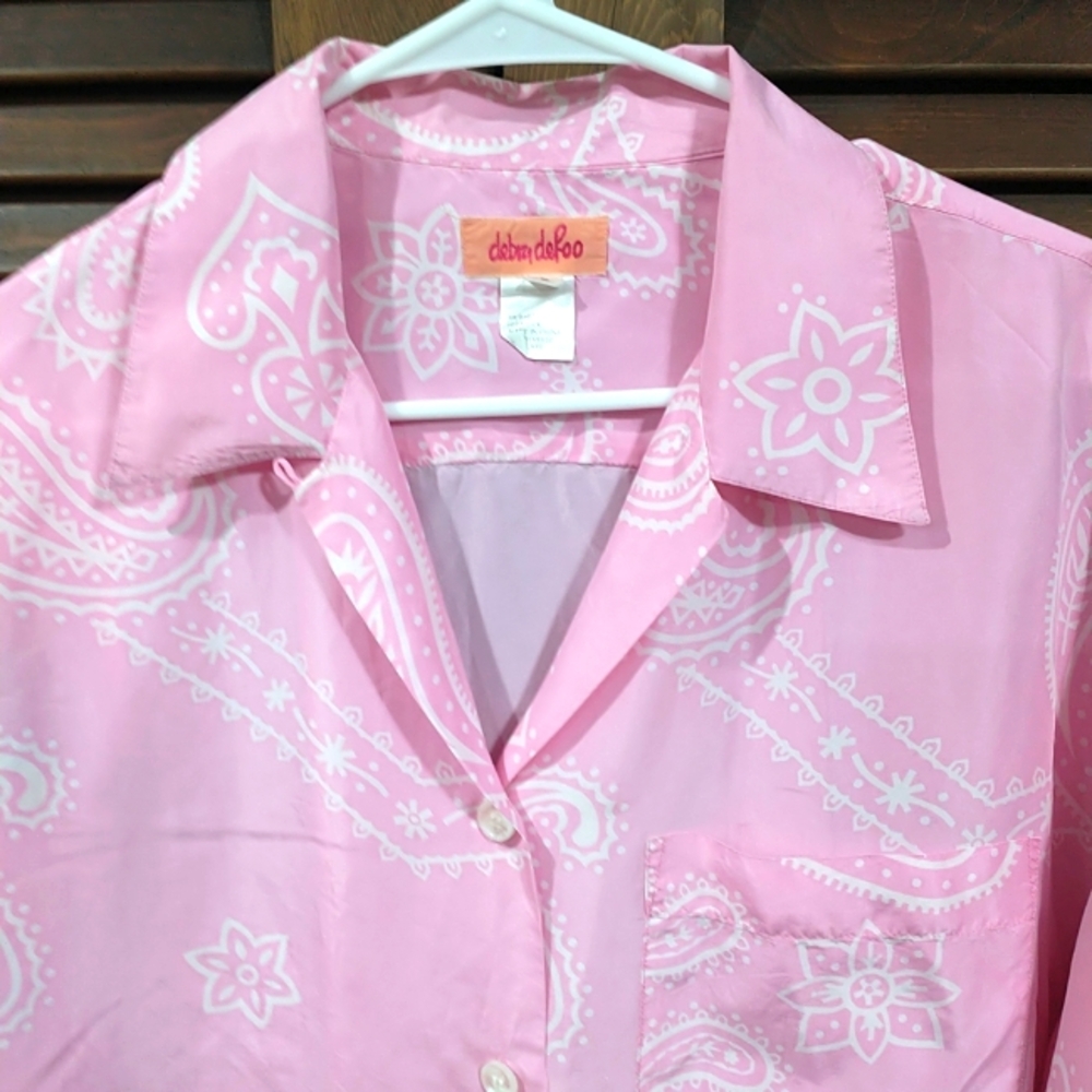 Vintage Debra Deroo Barbie Pink & White Paisley Short Sleeve Shirt Blouse Size L